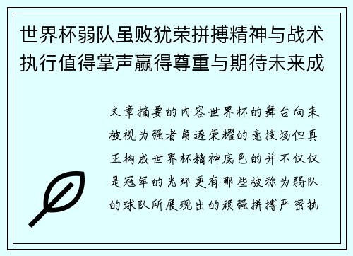 世界杯弱队虽败犹荣拼搏精神与战术执行值得掌声赢得尊重与期待未来成长
